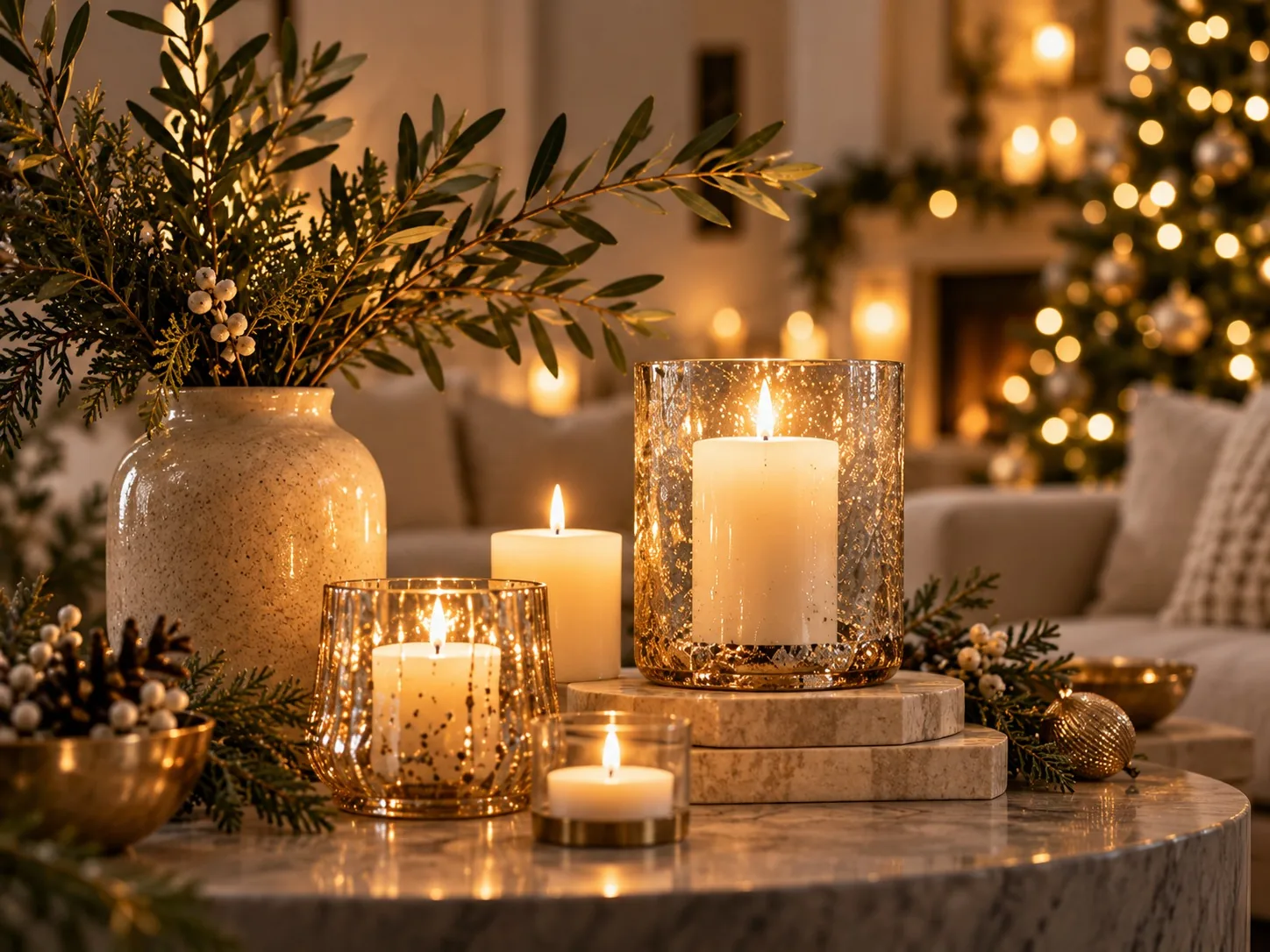 Candles glowing on a side table
