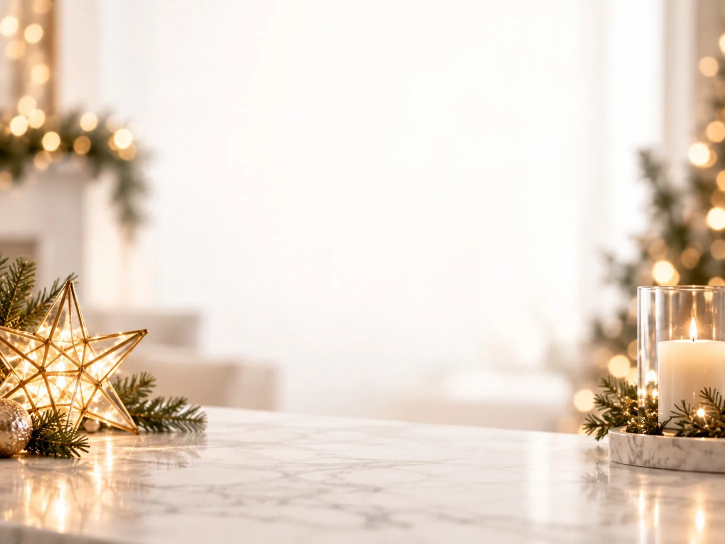 A lighted star and candles on a marble counter