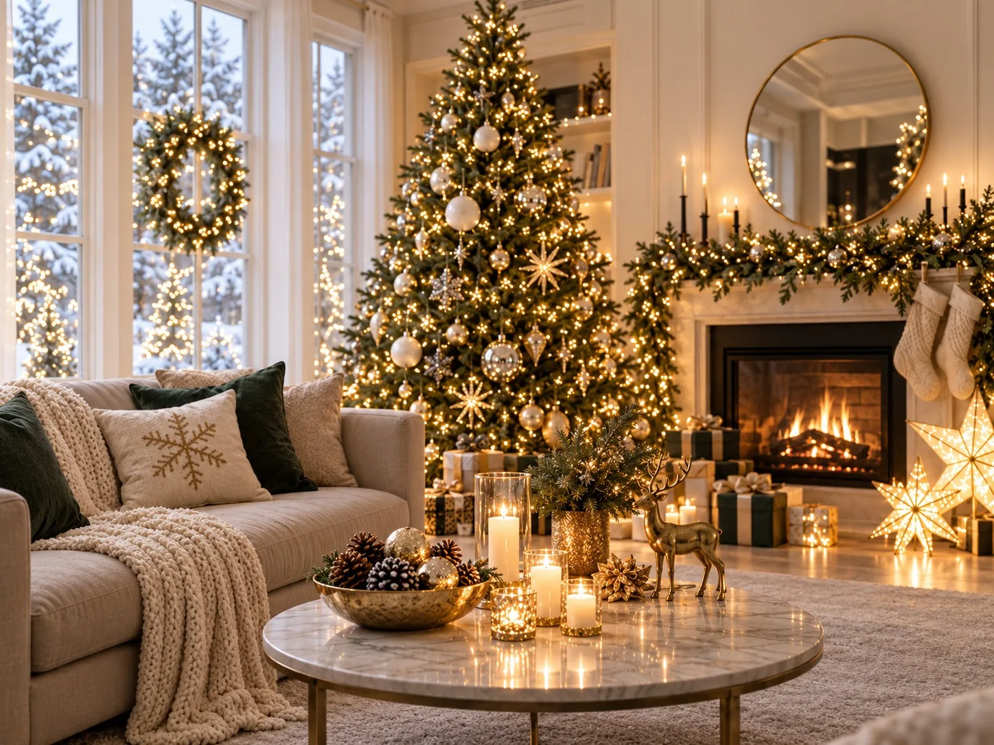 A living room decorated for Christmas with a lighted tree