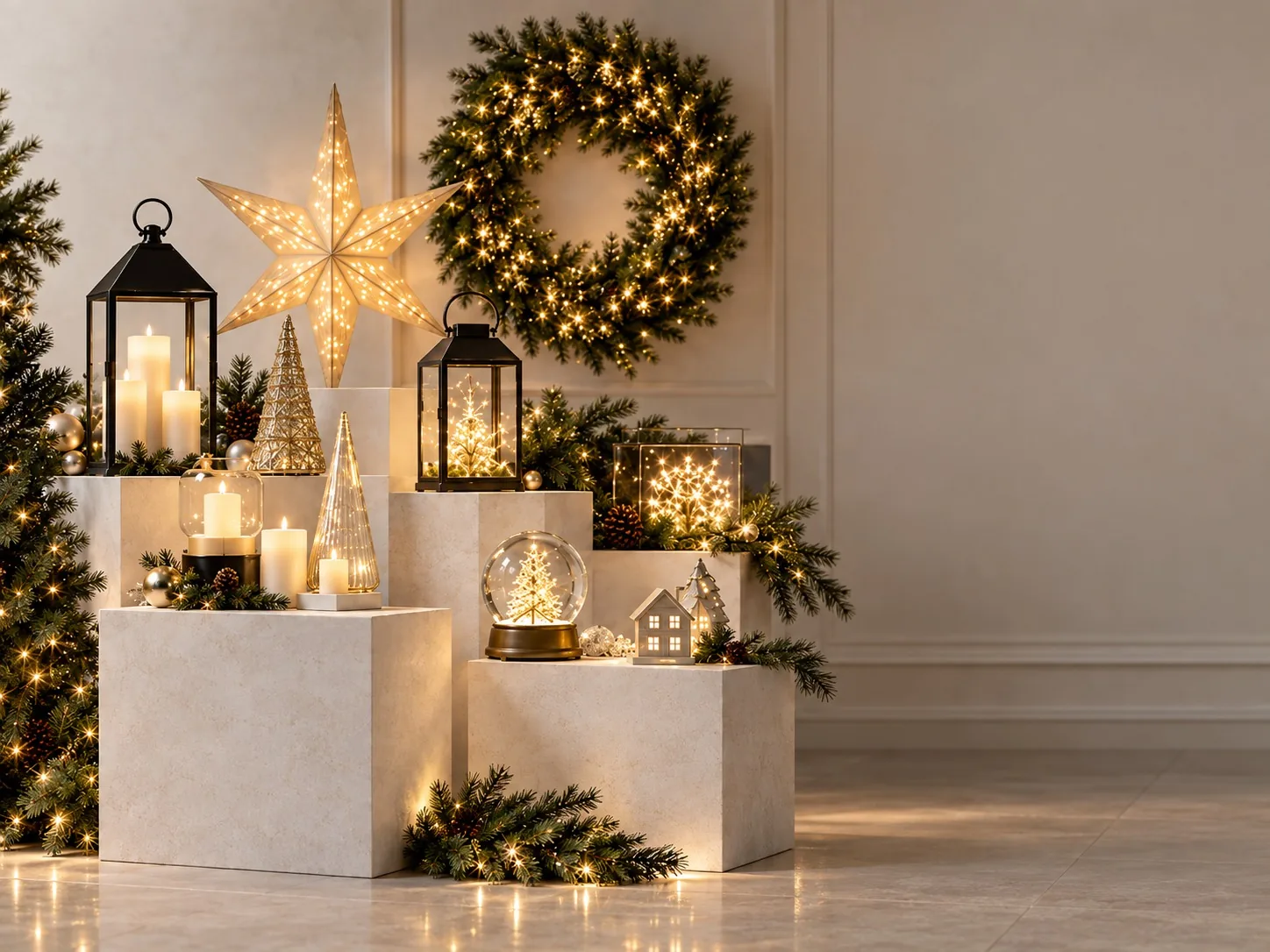 Lanterns, a lighted star and a wreath displayed on stands