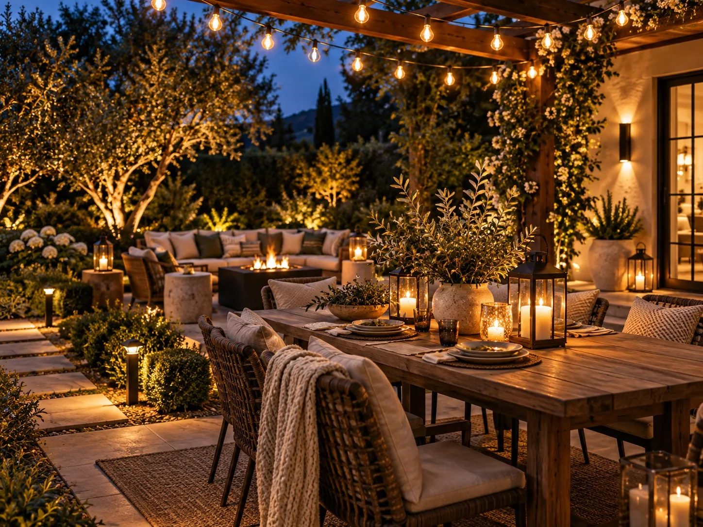 A patio lit with string lights and lanterns