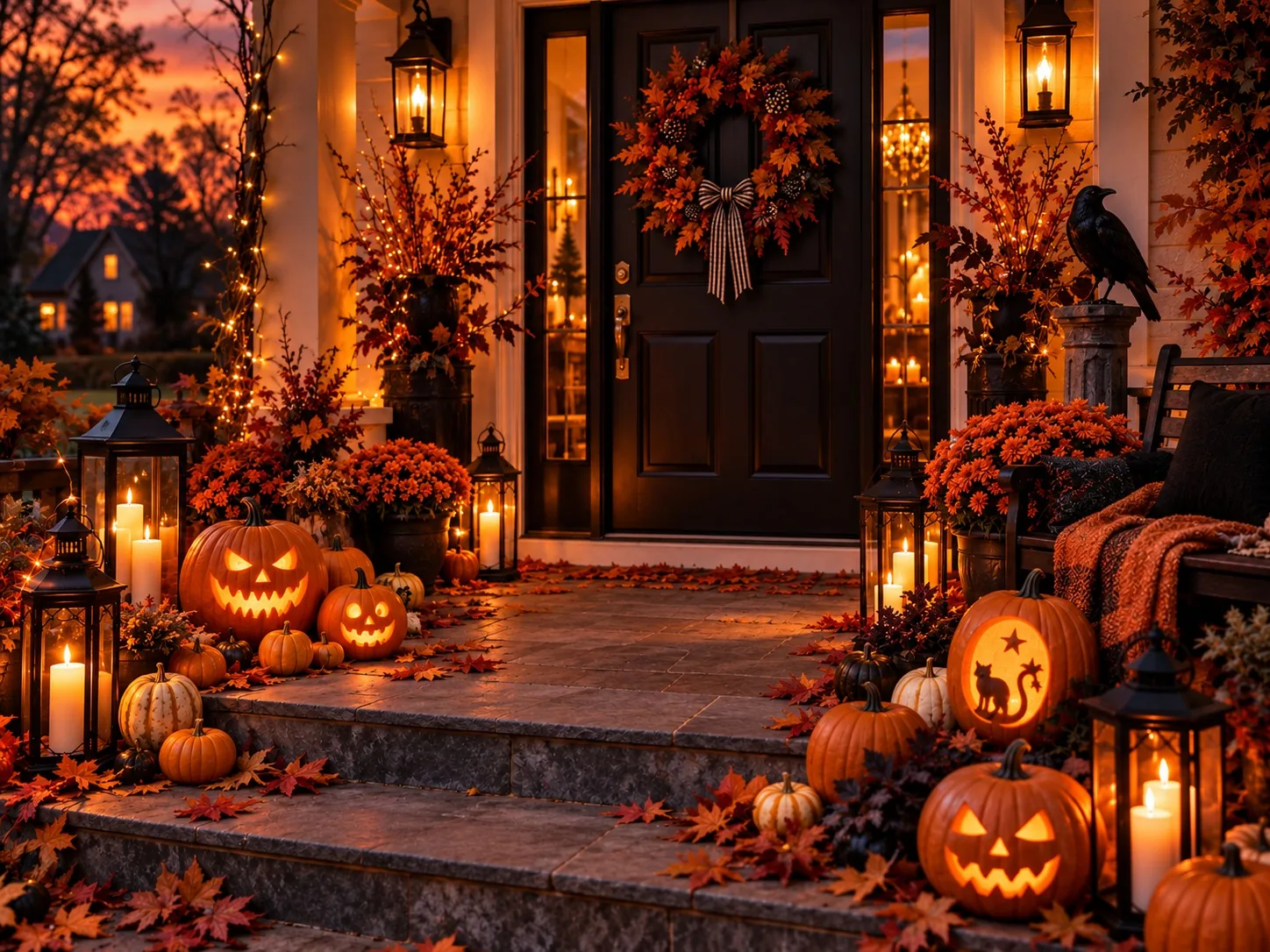 A porch decorated for Halloween with carved pumpkins and lanterns