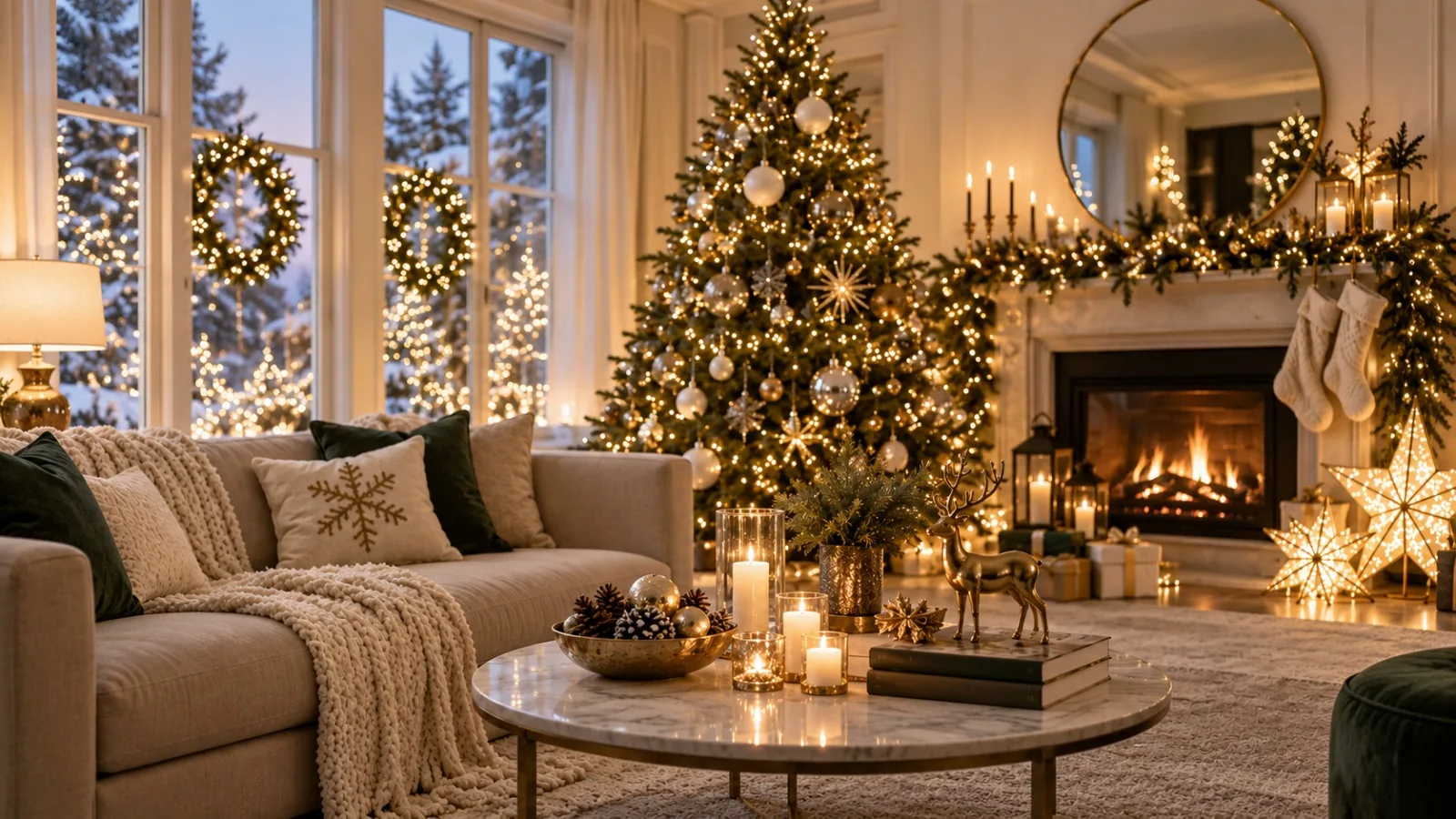 A bright living room with a lighted Christmas tree, garland and candles