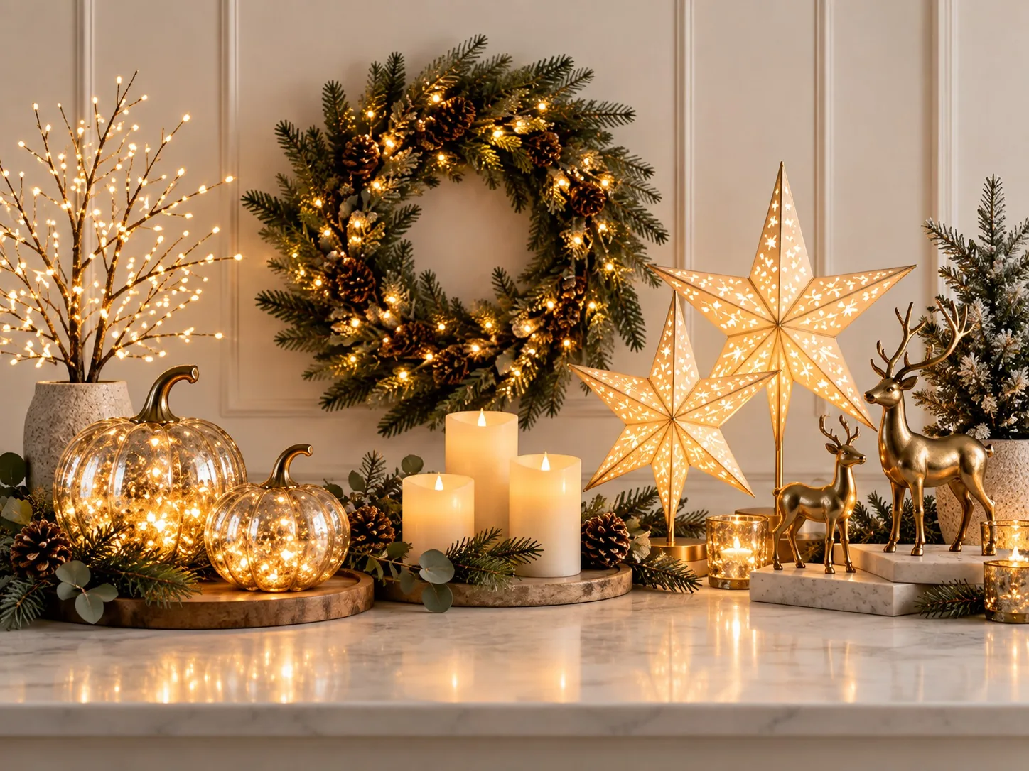 A wreath, lighted stars, glass pumpkins and candles on a marble counter